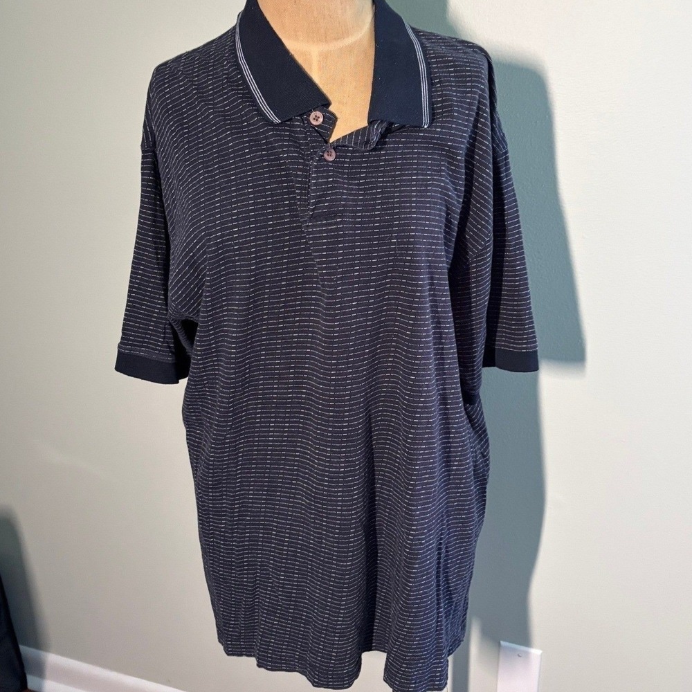 Marc Edwards Mens XL Polo Shirt Navy Blue White Micro Stripe 100% Cotton